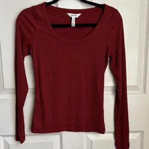 SPANX Deep Red Long Sleeve Top Round Neck Ribbed Stretch sz XS Shape wear blouse